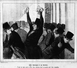 O pânico na bolsa de valores. Foi em vão que as ações foram oferecidas, todos as tiraram: de "Actualites", uma série de desenhos animados na bolsa de Honore Daumier (1808-1879). Charivari de Honoré Daumier