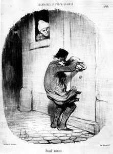 Passou a meia-noite. Homem a regressar tarde ao inquilino, de "Tenants et Owners", série de desenhos animados de Honore Daumier (1808-1879). "Charivari". de Honoré Daumier