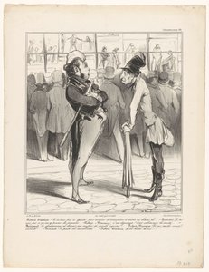 Robert-Macaire em conversa com Bertrand em frente da montra de uma gráfica
Caricaturana (título da série sobre o objecto) de Honoré Daumier