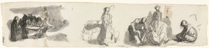 Folha de estudos com um grupo de quatro figuras à direita retoma esboços de várias figuras vers de Honoré Daumier