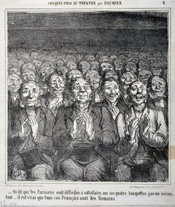 Esboço feito no teatro: "Diz-se que os parisienses são difíceis de satisfazer nestas quatro bancadas e não um mecenato é verdade que todos estes franceses são romanos" Gravação de Honore Daumier (1808-1879) em "Le Charivari". Palais Longchamp, Musee de Honoré Daumier