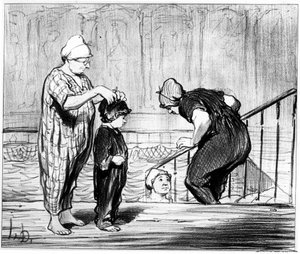 Piscina: ilustração da série de desenhos animados "Summer sketch" sobre a natação e o banho de quatro bicos de Honore Daumier (1808-1879). "Charivari", por volta de 1850. de Honoré Daumier