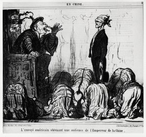 O enviado americano recebe uma audiência do Imperador da China. Na serie En Chine, ilustração de Honore Daumier (1808-1879), publicada em "Charivari", datada de 21 de outubro de Honoré Daumier