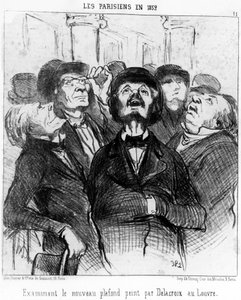Os parisienses em 1852 examinam o novo teto pintado por Delacroix no Louvre, retirado de "Pinturas e Salões", série de caricaturas de Honore Daumier (1808-1879). "Charivari". de Honoré Daumier