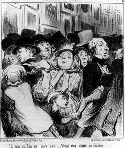 O público do espectáculo. Um dia você não paga. Vinte e cinco graus de calor, tirado de "Pinturas e Salões", série de desenhos animados de Honore Daumier (1808-1879). "Charivari". de Honoré Daumier
