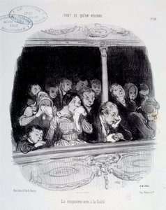 O quinto ato tem as Expressões de Gaita do rosto do público durante o espetáculo (tédio, fadiga, desinteresse) Caricatura de Honore Daumier (1808-1879). Carnaval de Paris do século XIX de Honoré Daumier