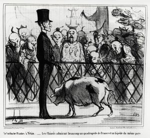O jardim das plantas em Pequim: os chineses admirando uma quadruplicação da França e um sinal sonoro do mesmo país. Ilustração de Honore Daumier (1808-1879), publicada em "Charivari", China Actualites de Honoré Daumier