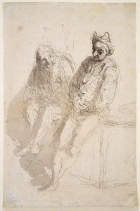 Dois Saltimbancos, c.1865-73 (tinta preta-cinzenta, lavagens cinzentas sobre papel) de Honoré Daumier