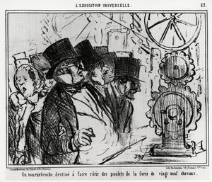 Exposição universal: uma mesa giratória, concebida para assar frangos com a força de vinte e nove cavalos. Ilustração de Honore Daumier (1808-1879), publicada no noticiário, "Charivari", datada de 20 de Julho de 1855. de Honoré Daumier