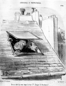 deste lado, você vê a Torre St. Jacques, o Boucherie!... , retirado de "Tenants et Owners", série de desenhos animados de Honore Daumier (1808-1879). "Charivari". de Honoré Daumier
