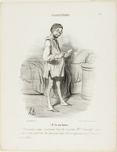 (Ele está a ler uma carta) "Um encontro, poderá ser da bonita Mme Giraud Sim, mas também pode ser do marido dela que me quer beliscar...", placa 8 de Coquetterie de Honoré Victorin Daumier