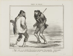 "- Brrrr! Estou furioso por ter vindo caçar em St. Denis-Plain. Denis-Plain. Está demasiado frio!... - É um daqueles dias em que se gostaria de apanhar um urso. O seu pelo seria mais do que bem-vindo neste momento!", chapa 3 de Croquis de Chasse de Honoré Victorin Daumier