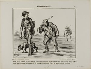 "- Venha, venha, Sr. Pomard... mantenha o ânimo... só mais duas léguas e podemos descansar... - Que sorte, não apanhámos nada... Eu nem sequer teria forças para carregar uma perdiz", prato 21 de Émotions De Chasse de Honoré Victorin Daumier
