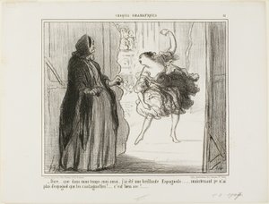 "- É difícil imaginar que no meu tempo também fui um aclamado bailarino espanhol... hoje em dia só as minhas castanholas são espanholas... que chatice...", chapa 11 de Croquis Dramatiques de Honoré Victorin Daumier