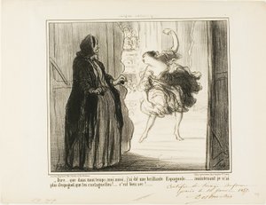 "- É difícil imaginar que no meu tempo também fui um aclamado bailarino espanhol... hoje em dia só as minhas castanholas são espanholas... que chatice...", chapa 11 de Croquis Dramatiques de Honoré Victorin Daumier