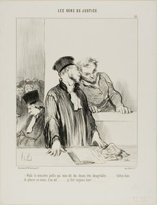 "- Aqui está o ministro público que lhe vai dizer coisas muito desagradáveis.... por isso tente chorar um pouco de um olho pelo menos.... costuma fazer bem!...", placa 21 de Les Gens De Justice