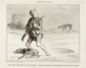 "- Pergunto-me porque é que esta besta me segue a toda a hora... Pagarei de bom grado 6 sous para entrar num autocarro", placa 1 de Émotions De Chasse de Honoré Victorin Daumier