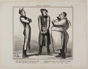 "- Incrível... mas agora temos de indicar o peso exato! - e já não podemos vender ossos como carne - e o vinho tem mesmo de ser vinho! - tudo junto agora: É nojento!", prato 4 de Croquis Parisiens de Honoré Victorin Daumier
