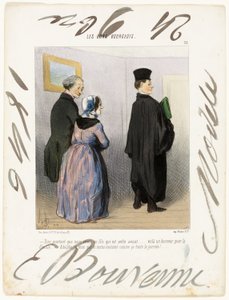 "- Não é maravilhoso ter um filho advogado... que honra para a família... Adolfo, quero que fiques vestido assim o dia todo!...", chapa 21 de Les Bons Bourgeois de Honoré Victorin Daumier