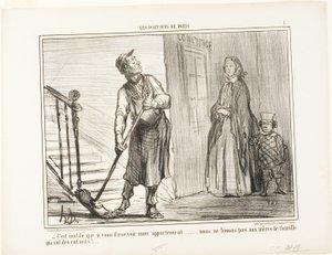 "- É inútil mostrar-vos o meu apartamento. Não alugamos a mães com filhos", placa 1 de Les Portiers De Paris de Honoré Victorin Daumier