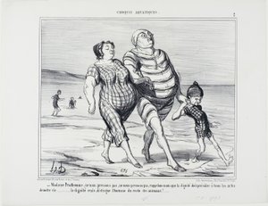 "- Senhora Prudhomme, não nos apressemos, recordemos que a dignidade deve presidir a todos os actos da vida... só a dignidade distingue o homem do resto dos animais", placa 2 de Croquis Aquatiques de Honoré Victorin Daumier
