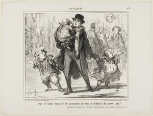 "- Que o diabo apanhe o inventor de todas estas prendas de Ano Novo!" Reflexão de um pai parisiense sensível, generoso mas atormentado, placa 476 de Actualités de Honoré Victorin Daumier