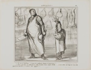 "- Senhor talhante, desejo-lhe um feliz e saudável Ano Novo... - O quê Vai ser um bom ano, este 1858... todas as mercearias da esquina vão poder vender o meu carneiro!...", placa 481 de Actualités de Honoré Victorin Daumier