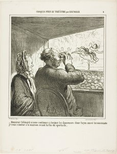 "- Sr. Colimard, se não parar imediatamente de olhar para as bailarinas de forma tão indecorosa, levá-lo-ei para casa antes do fim do espetáculo!", chapa 4 de Croquis Pris Au Théatre par Daumier de Honoré Victorin Daumier