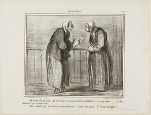 "- Oh, Madame Chaboulard, pergunto-me o que acontecerá nos próximos doze meses... o Ano Novo começa numa sexta-feira! ... - Não me importo, não sou supersticiosa... Só acredito no número 13 e nas aranhas!", chapa 477 de Actualités de Honoré Victorin Daumier