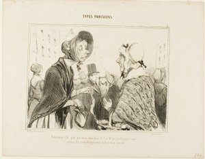 "- Oh, aqui está..... o que é que tem aí ..... - Não falemos disso.... estamos a receber convidados e acabei de fazer as minhas compras", placa 6 de Types Parisiens de Honoré Victorin Daumier