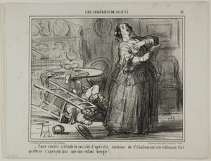 - Tomada pelo seu papel na opereta, Madame de St. Chalumeau está a gritar tão alto que não se apercebe do berro do seu filho, chapa 13 de Les Comédiens De Société de Honoré Victorin Daumier