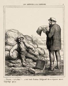 "- Bem, já acabaram... afinal é cansativo relaxar durante tanto tempo", placa 1 de Les Artistes A La Campagne de Honoré Victorin Daumier