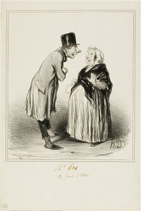 "- Bem, sim, é verdade, a filha de Mame Chopin casou-se ontem com o filho de Durand. Acabo de falar com o jovem e, pelo que ele me disse (em total confidência), ela deve ter tido alguns estranhos antes dele...", placa 6 de Les Parisiens de Honoré Victorin Daumier