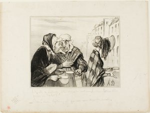 "- Que confusão está a fazer esta cara de azeda do quinto andar! Usar um chapéu só para comprar dois copos de leite por um sou! - Oh, Madame Capitaine, não é que hoje estamos elegantes...", chapa 36 Tipos Parisienses de Honoré Victorin Daumier