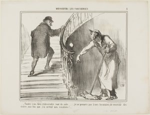 "- Por favor, volte imediatamente... Não permito que os meus inquilinos recebam visitas depois de ter limpo a escada", placa 1 de Messieurs Les Concierges de Honoré Victorin Daumier