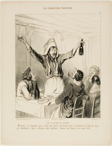 Um último brinde! "Cavalheiros, não regressemos a bordo sem um último brinde em honra das duas coisas que, acima de tudo, dão encanto às nossas vidas... brindemos às senhoras e à vitela fria!", prato 18 de Les Canotiers Parisiens de Honoré Victorin Daumier