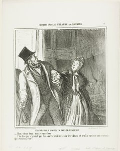 Um mal-entendido no Odeon, num dia de drama. "- Vamos lá, vamos lá! - Estou a dizer-vos que ainda não acabou. O pano voltou a subir e ainda há Roman no palco", chapa 4 de Croquis Pris Au Théatre par Daumier de Honoré Victorin Daumier