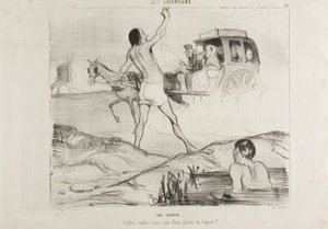 Uma piada prática. "Condutor! Condutor! Ainda tem dois lugares na secção dos coelhos", chapa 24 de Les Baigneurs de Honoré Victorin Daumier