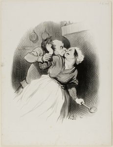 O regresso da juventude. "Grita o quanto quiseres, seu diabinho.... a minha mulher não está em casa.... arranca-me o cabelo à vontade!", placa 50 de Les beaux Jours de la vie de Honoré Victorin Daumier
