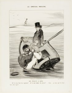 Uma revolta a bordo. "- Ah! queres ser o teu próprio capitão!... - Ah! estás a tratar-me como um idiota... ei... Espero que o Sena lave esse insulto!", chapa 13 de Les Canotiers Parisiens de Honoré Victorin Daumier