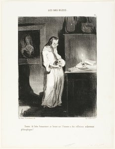Uma mulher humanista de letras abandonando-se às reflexões filosóficas cerebrais sobre o tema do homem!, placa 15 de Les Bas-Bleus de Honoré Victorin Daumier