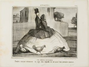 Um erro desculpável. Galinhas que pensam ter encontrado a gaiola onde passaram a sua primeira infância, placa 21 de La Crinolomanie de Honoré Victorin Daumier