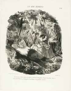 A 30°C, feliz daquele que consegue escapar e dormir a sesta na floresta de Saint-Germain acompanhado da sua mulher e de alguns lagartos, placa 27 de Les Bons Bourgeois de Honoré Victorin Daumier