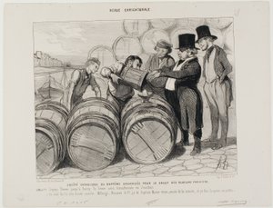 Estabelecida uma sociedade católica de batismo para todos os bêbados de Paris. (Artigo 1) De Rouen a Bercy, o Sena transformar-se-á no rio Jordão. "Em nome da grande sociedade Mélange, Macaire  Co. batizo-vos "velho Macon", grand cru do de Honoré Victorin Daumier