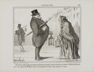Desde que o Sr. Babinet anunciou que o sol poderia desaparecer de um momento para o outro, os parisienses estão a tomar todas as precauções necessárias, mesmo ao meio-dia, placa 385 de Actualités de Honoré Victorin Daumier