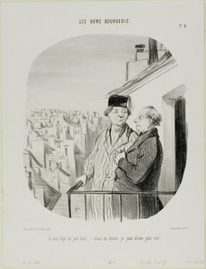 "Estou a viver um pouco alto... mas pelo menos estou a desfrutar de uma bela vista", placa 8 de Les Bons Bourgeois de Honoré Victorin Daumier