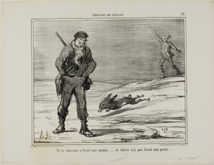 Se o caçador tem as mãos frias... a lebre não tem os pés frios, prato 22 de Émotions De Chasse de Honoré Victorin Daumier