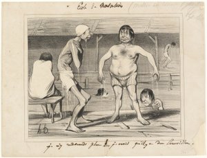 Não entro mais aí! - Acho que há lagostins lá em baixo..., prato um de Les Baigneurs de Honoré Victorin Daumier