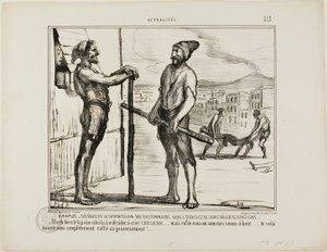 É Nápoles. - A Comissão de Bastonadas durante o seu delicado trabalho. "- Demorou um pouco para convencer este a gritar: "VIVA O REI!"... mas finalmente chegámos ao fundo... e agora ele é completamente a favor do Governo...", chapa 213 da Actu de Honoré Victorin Daumier