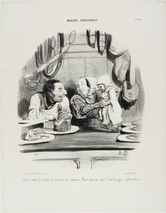 "Olha! Vê como os olhos dele estão nos saveloys e no ham.... parece que gostamos do trabalho do papá..... meu porquinho!", placa 51 de Moeurs Conjugales de Honoré Victorin Daumier